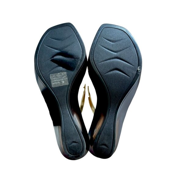 VINTAGE Y2K 2000'S GOLD BOW STRAPPY WEDGE PLATFORM SANDALS SIZE 7 NEW - Picture 4 of 4